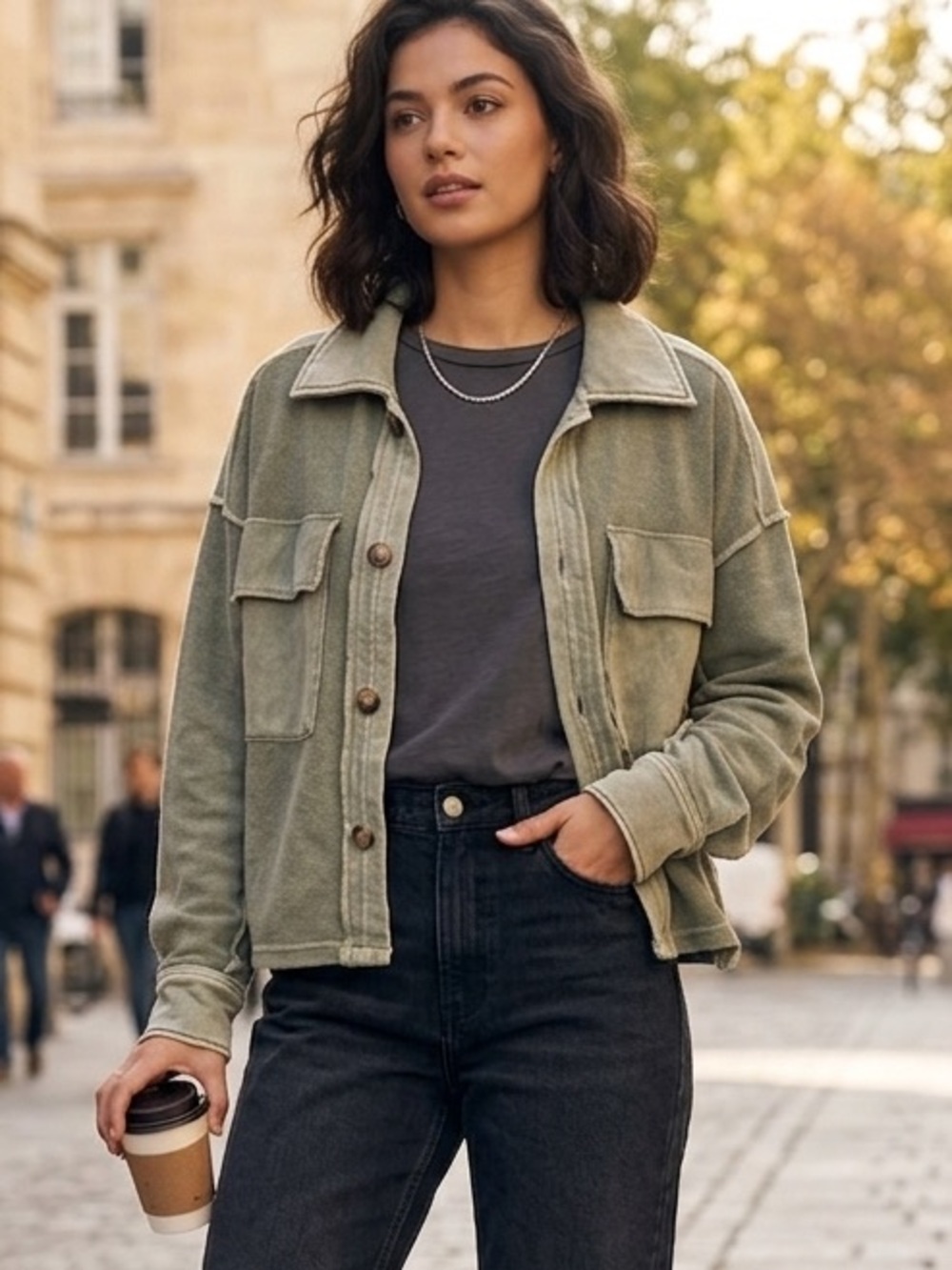 FATE Light Olive Terry Shacket XS oversized cotton